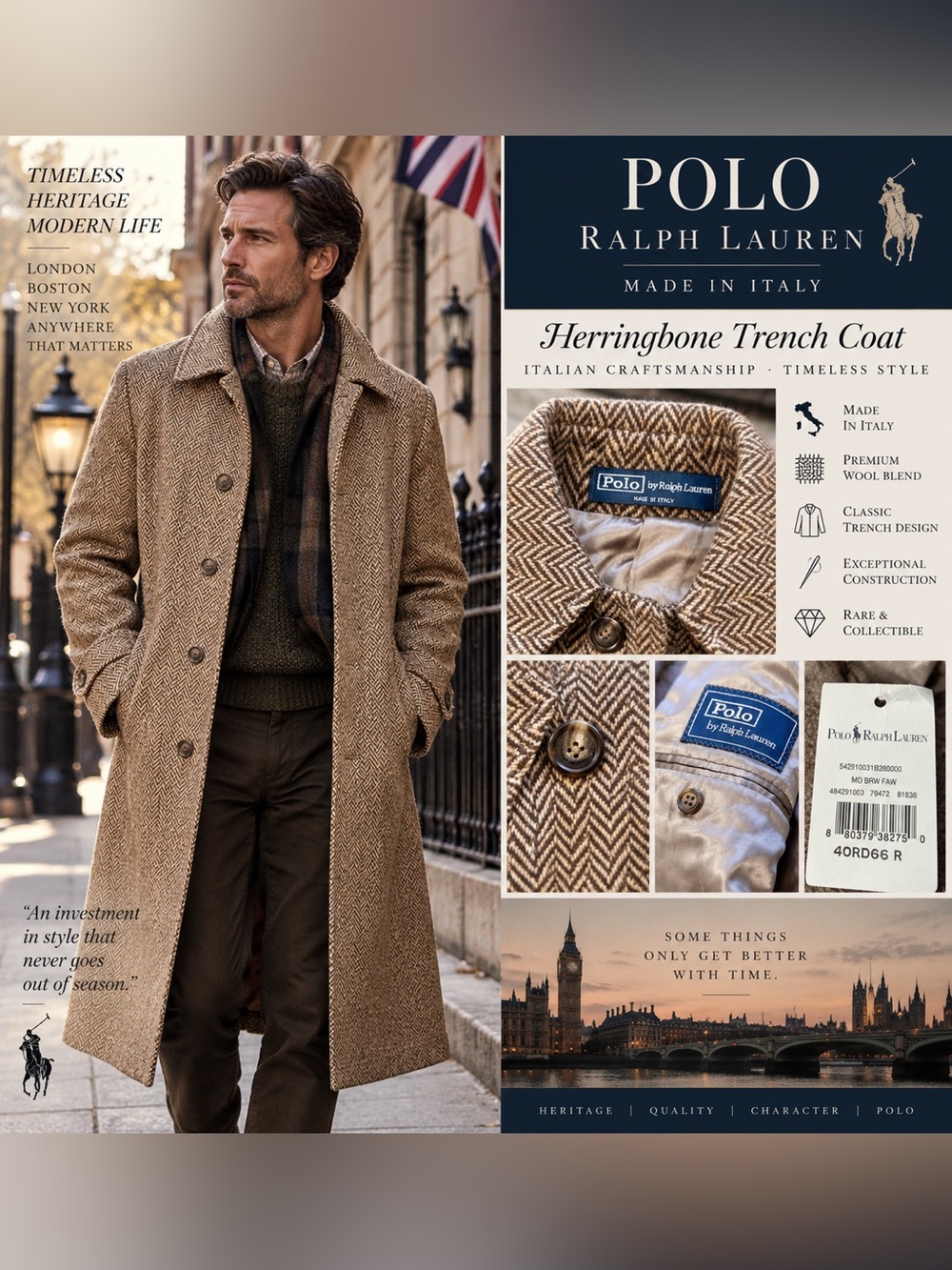 NWT Polo Ralph Lauren Heringbone 100% Virgin Wool Blue Label Trenchcoat Italy